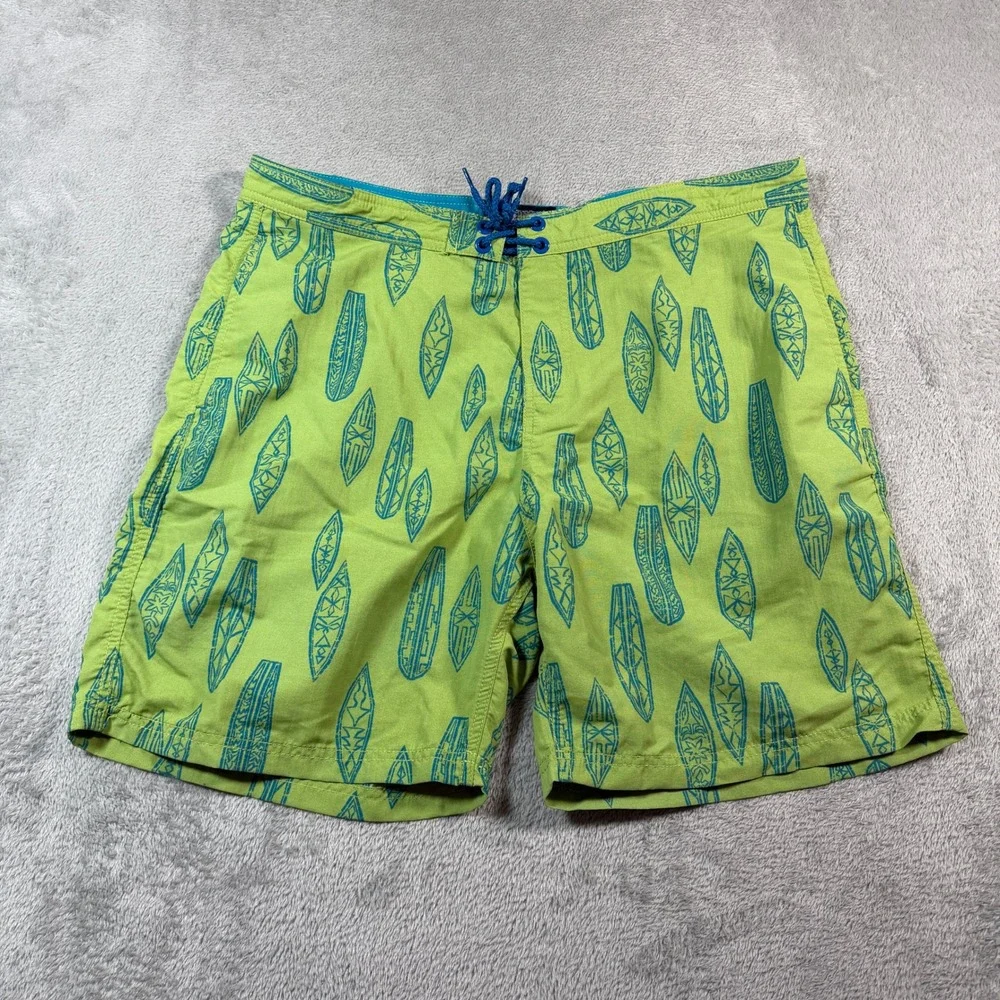 Reyn Spooner Board Shorts Men 36 Green AOP Surfboard Print Beachwear Surf Summer